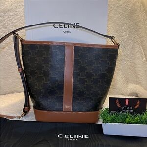 SOLD Authentic CELINE SMALL BUCKET IN TRIOMPHE CANVAS AND CALFSKIN in TAN